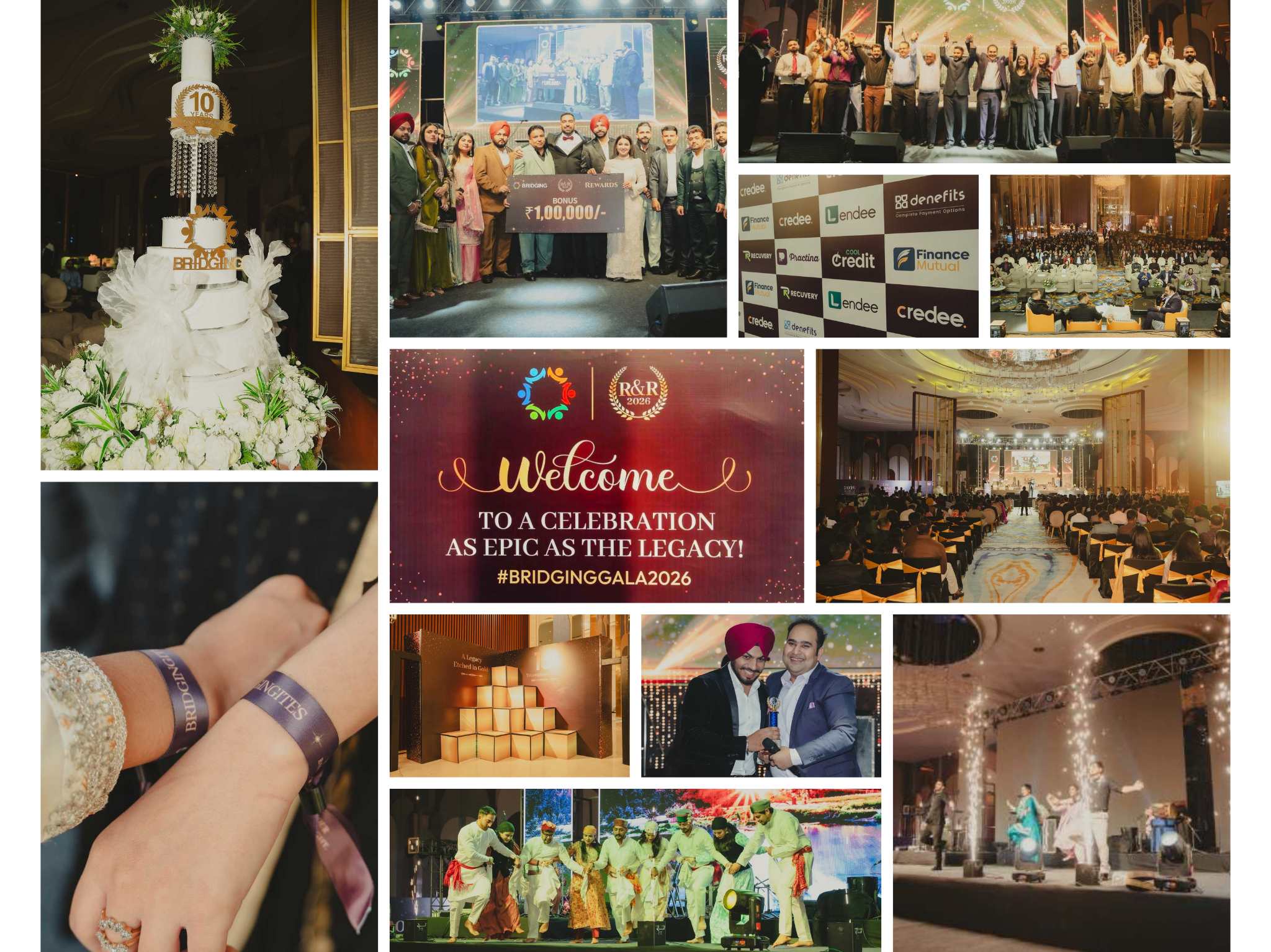Collage from a celebration featuring a tall cake, group photos on stage, and banquet scenes at a gala event.