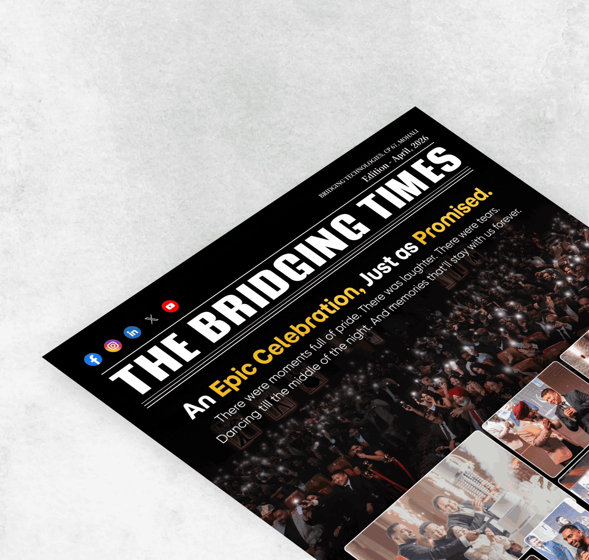 A tilted magazine cover on a dark background with a large white headline and a crowd photo; small caption reads Edition – April 2026 and Mohali.