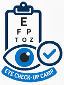 Logo for Eye Check-Up Camp: stylized eye with a clipboard and a blue checkmark, ribbon reads 'Eye Check-Up Camp'.
