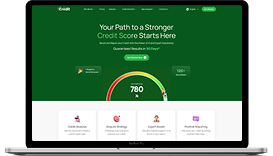 Laptop screen showing a green finance site with a 780 credit score gauge and the headline 'Your Path to a Stronger Credit Score Starts Here'.