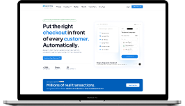 Laptop screen displaying a SaaS homepage about automatically showing the right checkout to every customer, with mobile previews and a blue call-to-action banner.