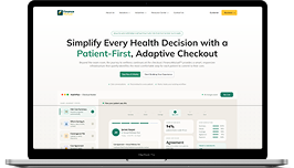 Laptop displaying a healthcare software homepage with the headline about patient-first adaptive checkout.