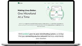 Laptop screen showing a fintech platform hero about microfunding, with the headline “Making Lives Better, One Microfund At a Time” and an illustration of a funding flow.