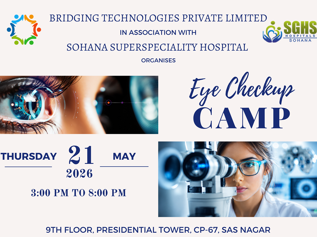 Eye Checkup Camp banner: May 21, 2026, 3–8 PM, 9th Floor, Presidential Tower, SAS Nagar, organized by Bridging Technologies in association with SGHS Sohana Hospital.