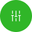 Abstract equalizer-style icon: three vertical bars with dots on a bright green circular background.