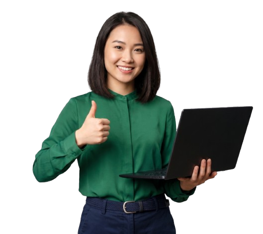 Smiling woman in a green blouse holding a laptop and giving a thumbs up, signaling approval.