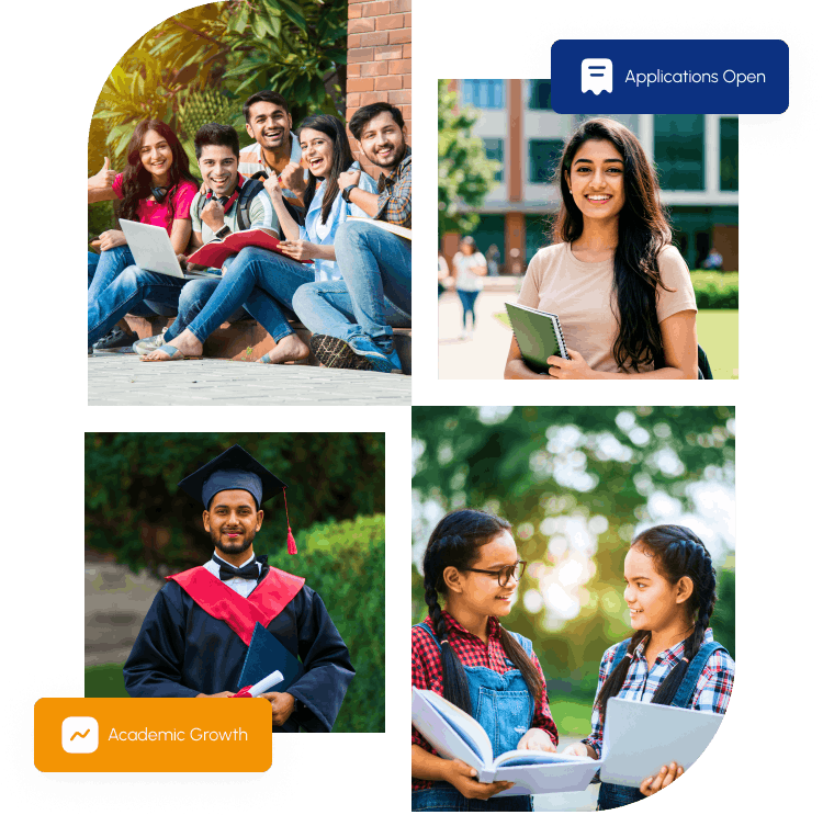 Collage of students studying and chatting on campus with badges reading Applications Open and Academic Growth, suggesting an education portal.