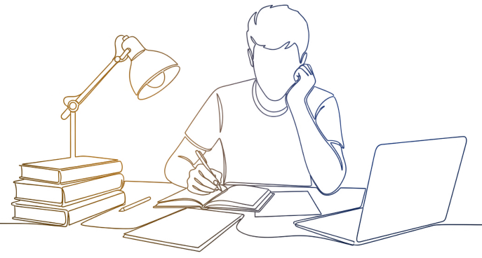 Student studying at a desk with a laptop, notebook, pen, and a stack of books under a desk lamp.