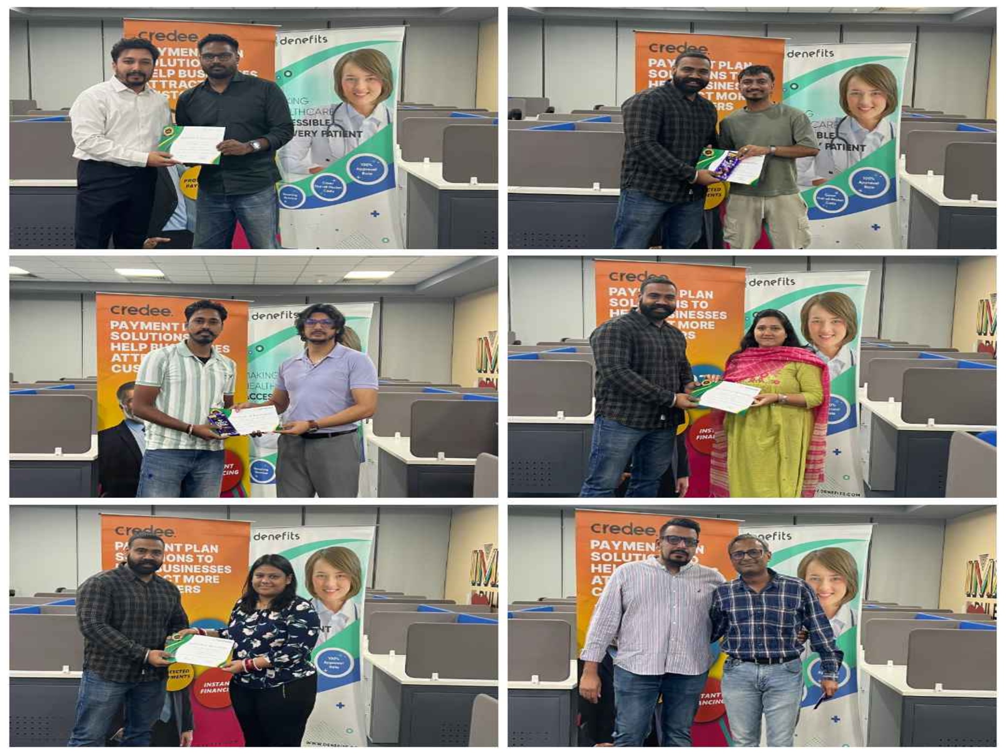 Collage of coworkers posing with certificates at an office event, with promotional banners in the background.