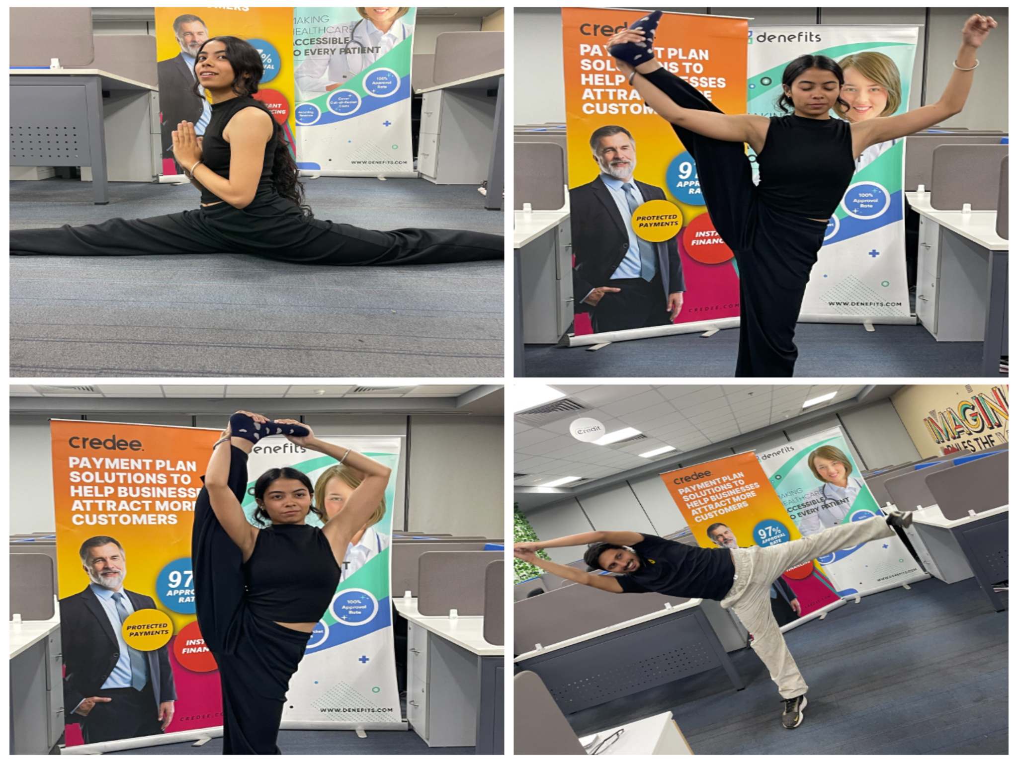 Collage of a woman in black doing a full leg split and stretch in an office, with colorful promotional banners in the background.