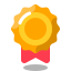 Gold award badge with pink ribbon hanging below