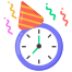 Blue alarm clock wearing a multicolored party hat with confetti, signaling a celebration or party time.